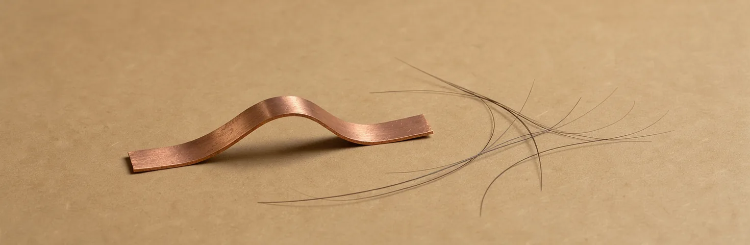 A small folded piece of copper beside a few clipped hair fibres on paper.