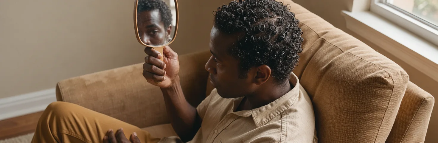 An adult using a hand mirror to look at the hair on their crown in a living room.