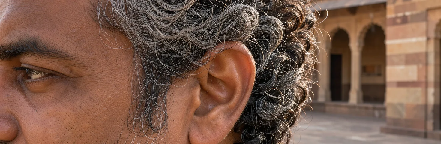 A close view of an adult’s temple and curly hair outdoors.